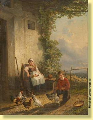 Enfants nourrissant la volaille