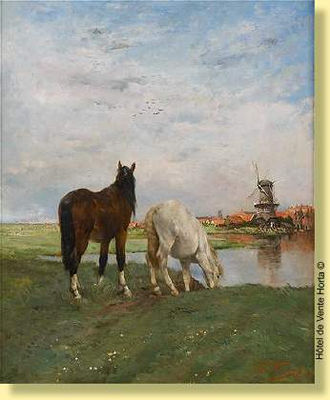 Chevaux s'abreuvant devant un moulin