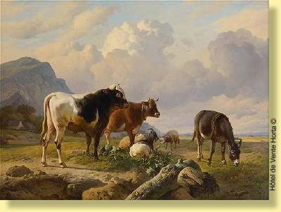 Vache, taureau et âne sur fond de paysage