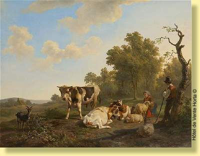 Bergers et leurs troupeaux sur fond de paysage
