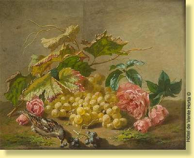 Composition aux raisins, roses et oiseau