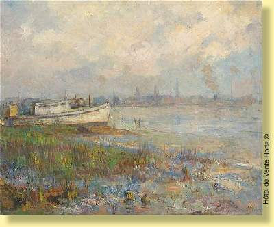 Bateaux amarrés sur fond de la villed 'Anvers