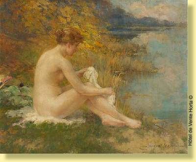 Jeune baigneuse nue au bord de l'étang