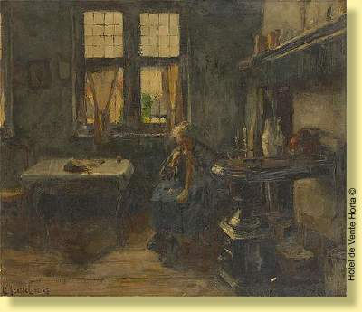 Travaux de couture près du poêle