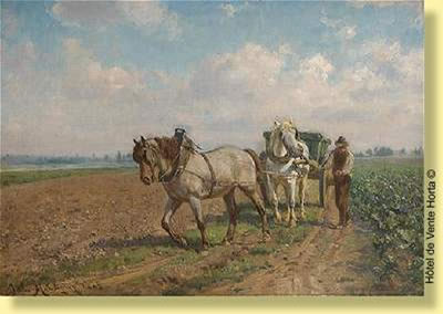 Chariot attelé en bordure de champs