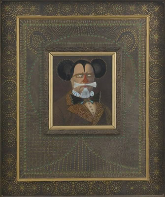Portrait d'homme dans un encadrement entièrement décoré par l'artiste de points d'or