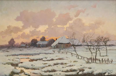 Coucher de soleil sur la chaumière enneigée