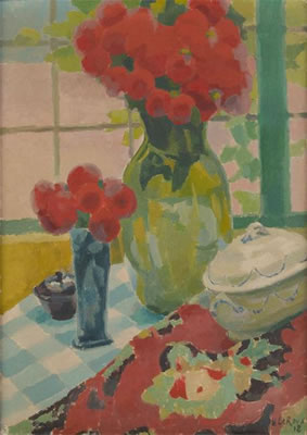 Vase fleuri sur fond de fenêtre (couleurs fauves).