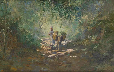 Ânier et âne bâté dans un chemin creux