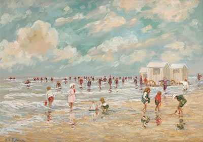 Jeux d'enfants et cabines de plage