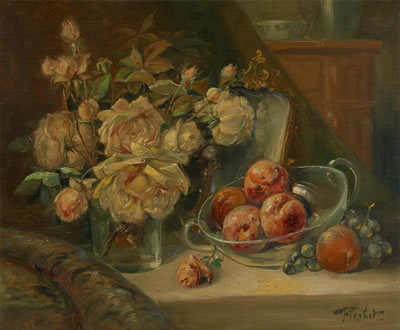 Composition aux roses et aux pêches
