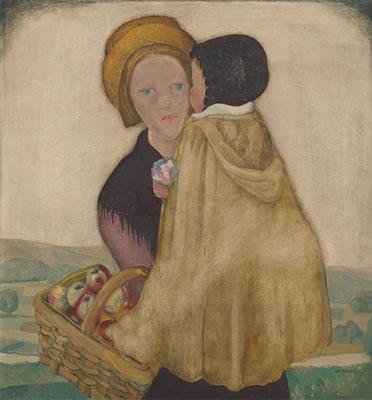 Mère et enfant au panier de pommes