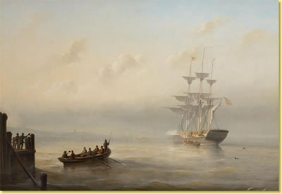Départ du deux-mâts avec steamship en arrière-plan.