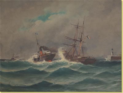 Bateau à aubes et deux-mâts par gros temps
