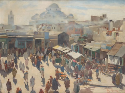 Sample artwork by Max Leon Moreau (1902 - 1992), known for realist whimsical street scenes, still life, landscape and portrait painting - View similar artists and auction records