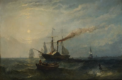 Le départ du vapeur au coucher du soleil.