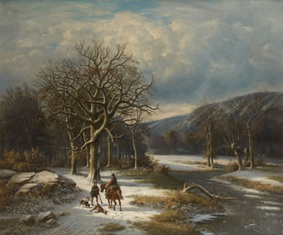 Conversation de chasseurs dans un paysage hivernal