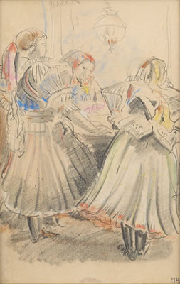 Femmes du village de Doldog en costume traditionnel hongrois dans un intérieur