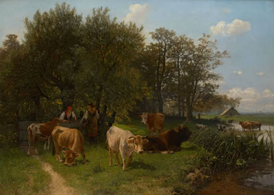 Conversation de bergères dans un paysage ensoleillé.