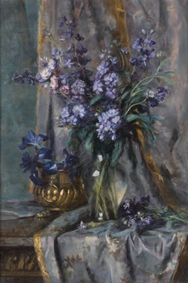 Composition with blue flowers. by Marguerite Dielman - Auction record, sale price, and art valuation. Compare with similar artists and explore comparable artworks.