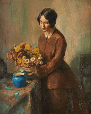 Femme au bouquet de fleurs.