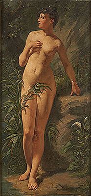 Jeune femme nue devant les rochers