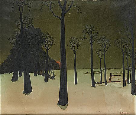 Crépuscule sur la campagne enneigée.