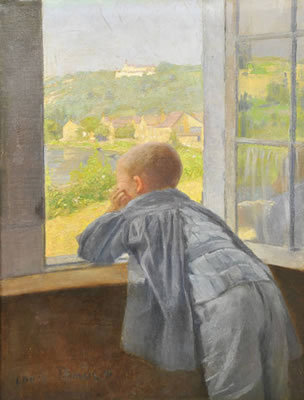Jeune garçon regardant l'Ourthe depuis une maison XVIIe siècle à Mery