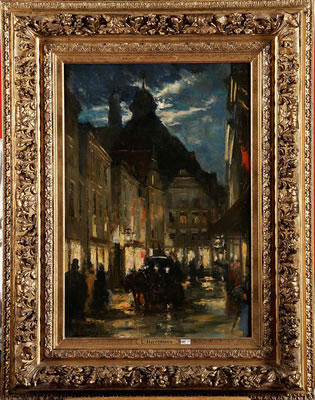 Rue animée au crépuscule