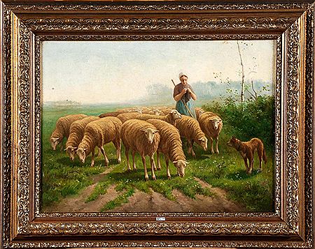 Bergère et son troupeau sur un chemin de campagne