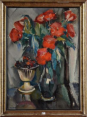 "Nature morte au vase de pavots et à la coupe de cerises"