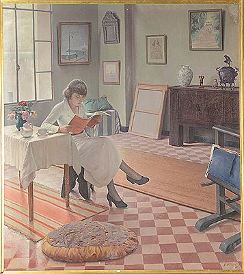 "Jeune fille à la lecture dans un intérieur"