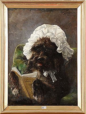 "Dog reading."