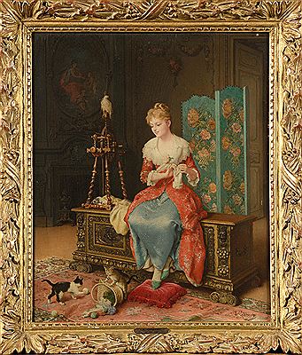 "Girl knitting in an interior."