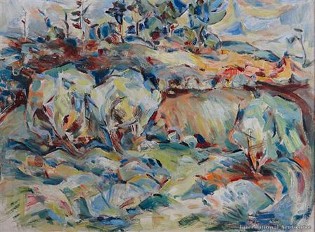 Landscape with Cliffs 1960 by Gabrielle Hope - Auction record, sale price, and art valuation. Compare with similar artists and explore comparable artworks.