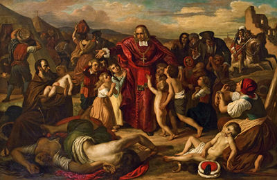 Graf Kolonitz, Bischof von Neustadt, führt nach der Belagerung Wiens durch die Türken im Jahr 1683 die Kinder der ermordeten christlichen Gefangenen aus dem Türkenlager in die Stadt