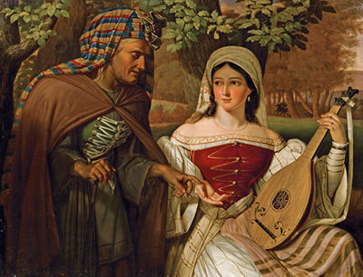 Kupplerin/ Junge Frau mit Mandoline und Handleserin