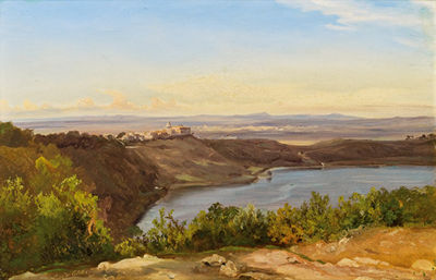 Landschaft mit Albaner See und Castel Gandolfo bei Rom