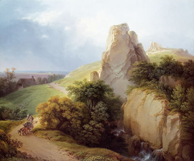 Gebirgige Landschaft mit Ochsenkarren
