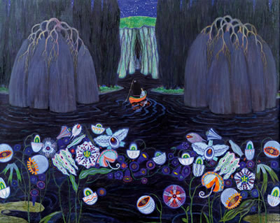 Mythologische Darstellung mit Blüten