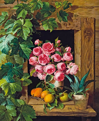 Stilleben mit Rosen und Marillen