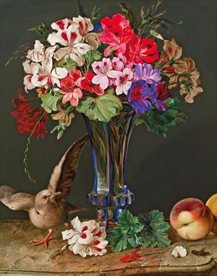 Blumenstillleben mit Taube und Pfirsichen