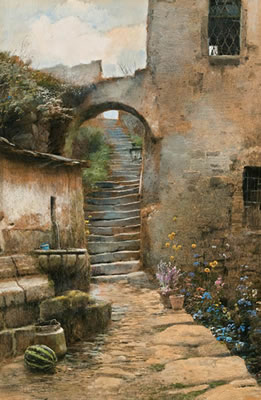 Malerische Gasse mit Steintreppe und Brunnen