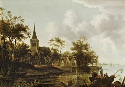 Flusslandschaft mit Fischern vor einem Dorf