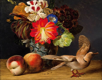 Blumenstilleben mit Pfirsichen und Taube