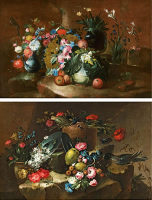 "Blumenstillleben mit Flechtkorb, Vogel, Früchten und Blumenkohl auf felsigem Grund" und "Blumenstillleben mit Silbergeschirr, Vogel und Früchten auf felsigem Grund" (pair)