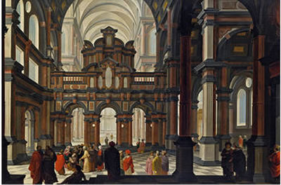 Interieur einer Renaissancekirche mit „Darbringung im Tempel"