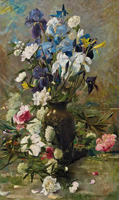 Iris, Anemonen und Pfingstrosen in Vase