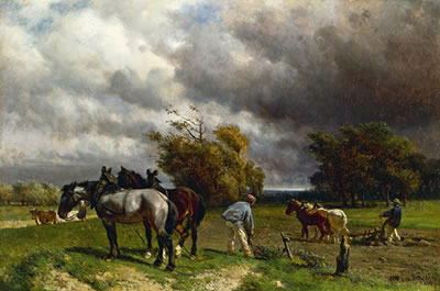 Pflügende Bauern mit Pferdegespann