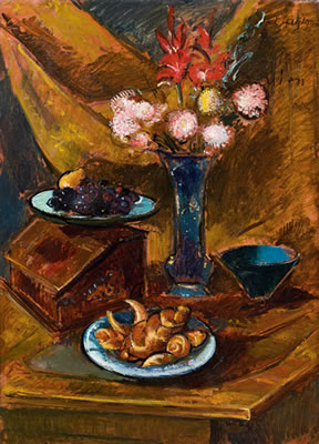 Blumen- und Obststillleben mit Weißgebäck